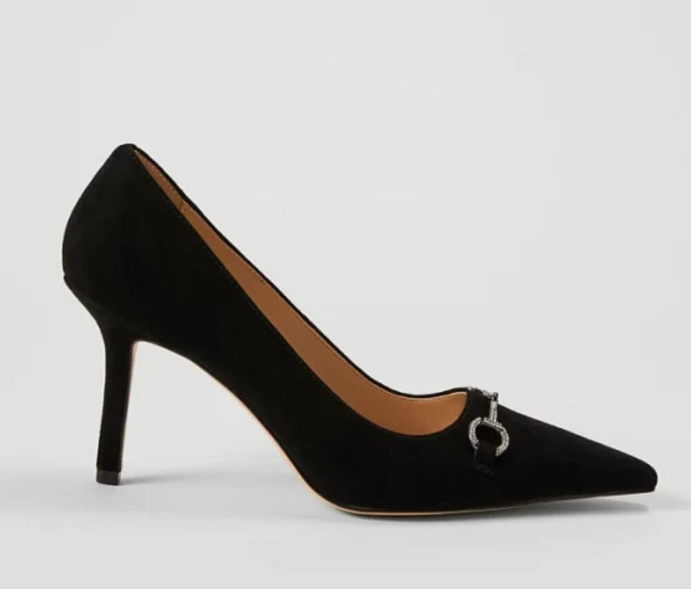 NWOB Ann Taylor Crystal Chainbit Nip Toe Suede Pump Heels Black 9.5